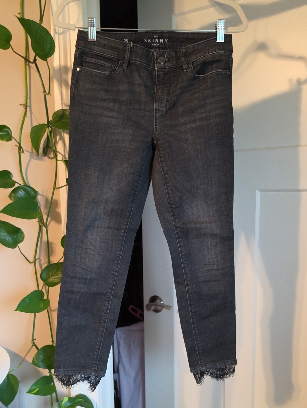 White House Black Market Black Skinny Jeans with Lace Hem